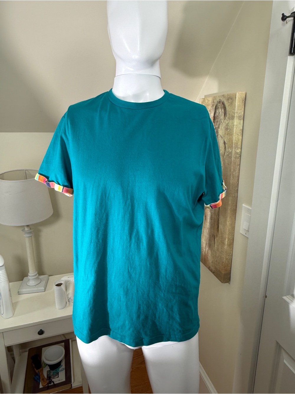 Forever 21 Men Teal Crewneck T-Shirt Medium Striped Cuff Casual Tee